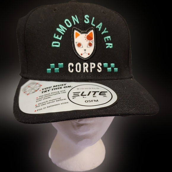 Demon Slayer Corps Kanji Cat Black Snapback Hat OSFM NWT Elite Flex Cap - Picture 1 of 6